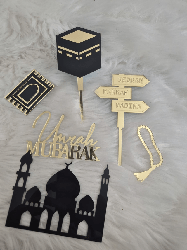 Set ensemble cake topper umrah mubarak en acrylique 6 pièces