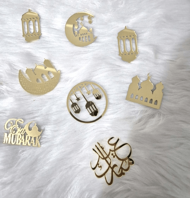 Lot de 8 Cupcake toppers Eid mubarak en acrylique or clair  