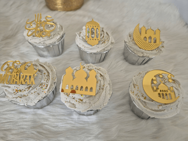 Lot de 8 Cupcake toppers Eid mubarak en acrylique or clair  