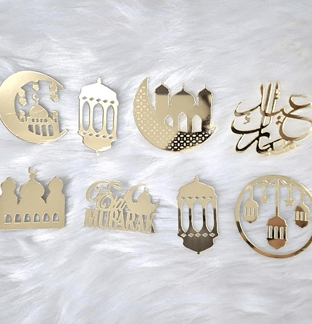 Lot de 8 Cupcake toppers Eid mubarak en acrylique or clair  