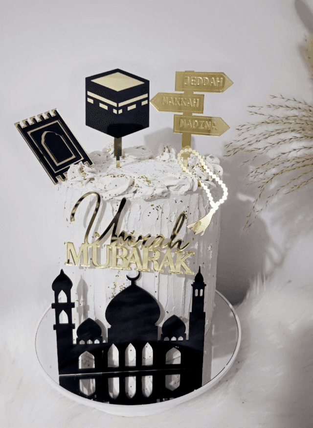 Set ensemble cake topper umrah mubarak en acrylique 6 pièces